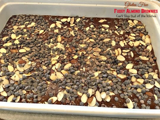 Gluten Free Fudgy Almond Brownies | Can't Stay Out of the Kitchen | these sensational yet healthy #brownies use #glutenfree flour, coconut sugar & a healthier #chocolatechip plus 90% #chooclate & #almonds in the batter. We loved them. #dessert