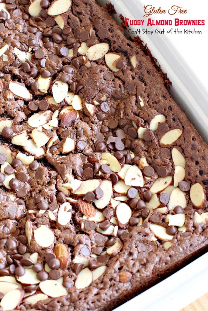 Gluten Free Fudgy Almond Brownies | Can't Stay Out of the Kitchen | these sensational yet healthy #brownies use #glutenfree flour, coconut sugar & a healthier #chocolatechip plus 90% #chooclate & #almonds in the batter. We loved them. #dessert