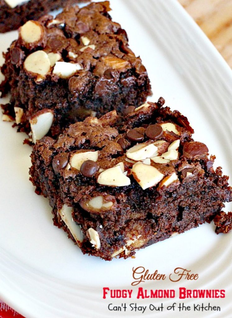 Gluten Free Fudgy Almond Brownies | Can't Stay Out of the Kitchen | these sensational yet healthy #brownies use #glutenfree flour, coconut sugar & a healthier #chocolatechip plus 90% #chooclate & #almonds in the batter. We loved them. #dessert