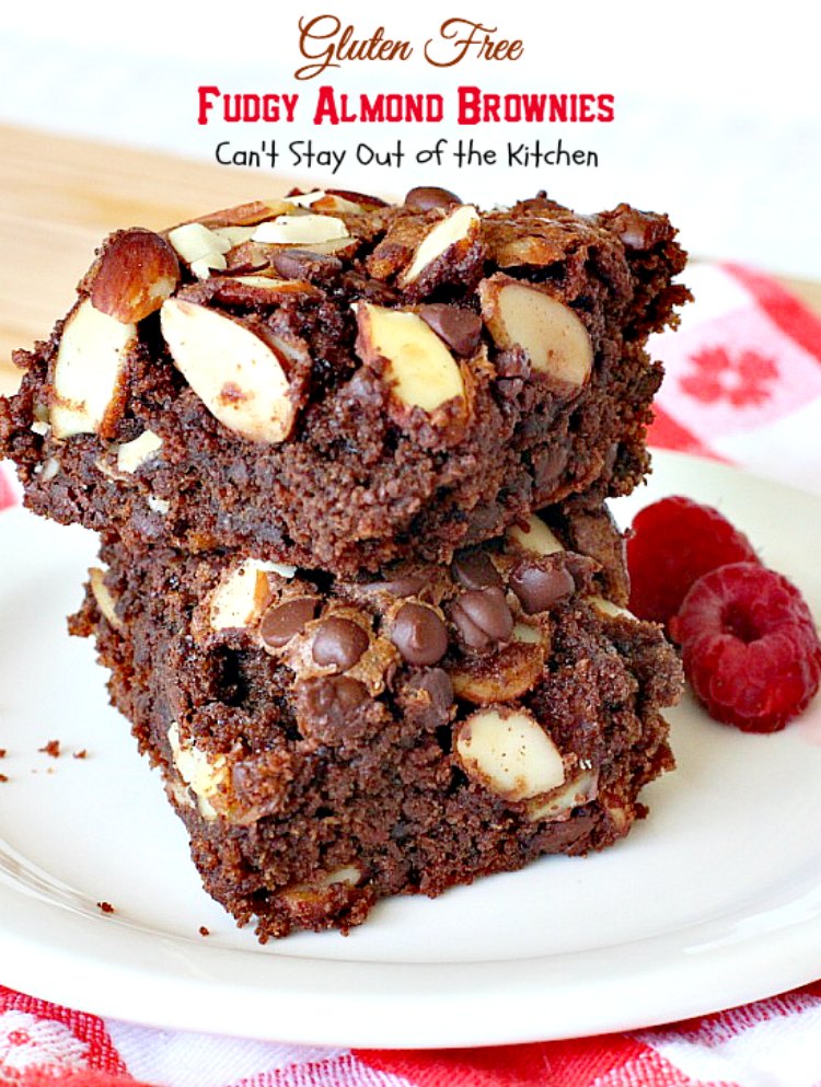 Gluten Free Fudgy Almond Brownies | Can't Stay Out of the Kitchen | these sensational yet healthy #brownies use #glutenfree flour, coconut sugar & a healthier #chocolatechip plus 90% #chooclate & #almonds in the batter. We loved them. #dessert