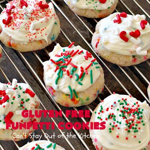 Gluten Free Funfetti Cookies | Can't Stay Out of the Kitchen | these marvelous #cookies use only 5 ingredients! They are terrific for #Christmas cookie exchanges, #holiday parties, birthdays or anytime you want to make a #glutenfree #dessert for friends or family.
