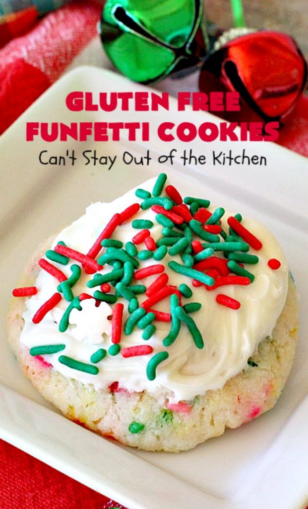 Gluten Free Funfetti Cookies | Can't Stay Out of the Kitchen | these marvelous #cookies use only 5 ingredients! They are terrific for #Christmas cookie exchanges, #holiday parties, birthdays or anytime you want to make a #glutenfree #dessert for friends or family.
