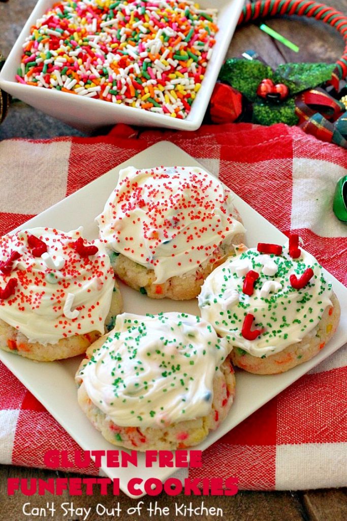 Gluten Free Funfetti Cookies | Can't Stay Out of the Kitchen | these marvelous #cookies use only 5 ingredients! They are terrific for #Christmas cookie exchanges, #holiday parties, birthdays or anytime you want to make a #glutenfree #dessert for friends or family.