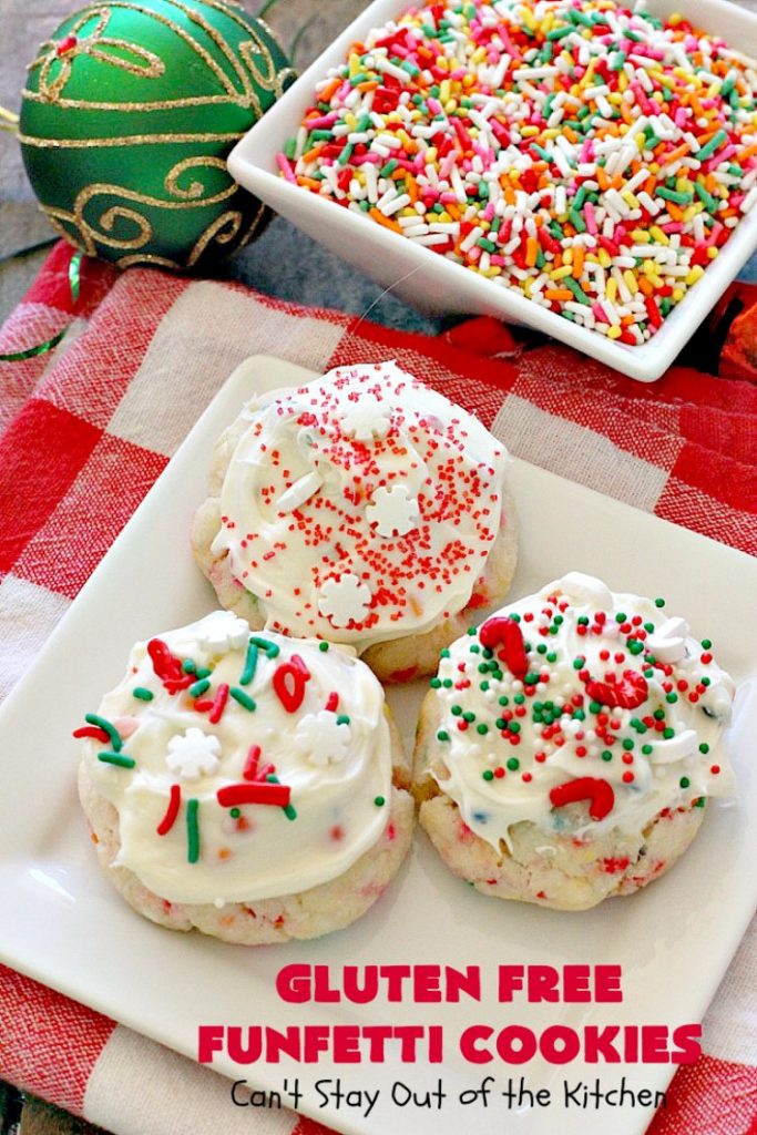 Gluten Free Funfetti Cookies | Can't Stay Out of the Kitchen | these marvelous #cookies use only 5 ingredients! They are terrific for #Christmas cookie exchanges, #holiday parties, birthdays or anytime you want to make a #glutenfree #dessert for friends or family.