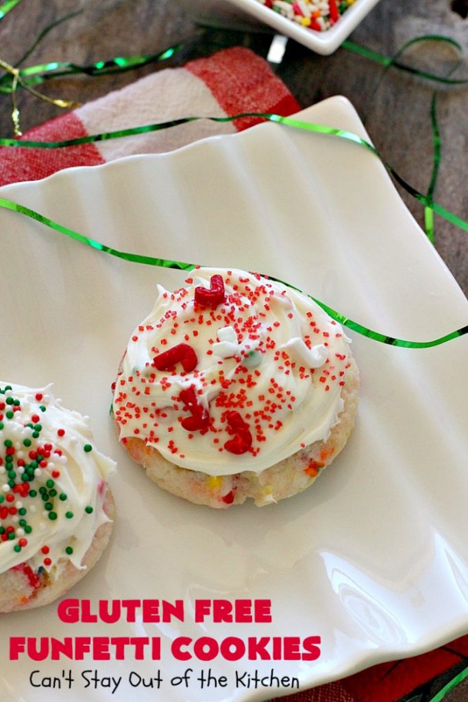 Gluten Free Funfetti Cookies | Can't Stay Out of the Kitchen | these marvelous #cookies use only 5 ingredients! They are terrific for #Christmas cookie exchanges, #holiday parties, birthdays or anytime you want to make a #glutenfree #dessert for friends or family.