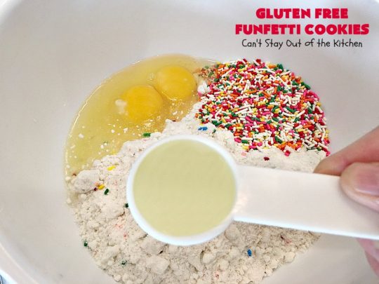 Gluten Free Funfetti Cookies | Can't Stay Out of the Kitchen | these marvelous #cookies use only 5 ingredients! They are terrific for #Christmas cookie exchanges, #holiday parties, birthdays or anytime you want to make a #glutenfree #dessert for friends or family.