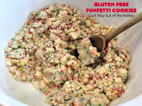 Gluten Free Funfetti Cookies | Can't Stay Out of the Kitchen | these marvelous #cookies use only 5 ingredients! They are terrific for #Christmas cookie exchanges, #holiday parties, birthdays or anytime you want to make a #glutenfree #dessert for friends or family.