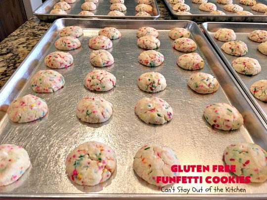 Gluten Free Funfetti Cookies | Can't Stay Out of the Kitchen | these marvelous #cookies use only 5 ingredients! They are terrific for #Christmas cookie exchanges, #holiday parties, birthdays or anytime you want to make a #glutenfree #dessert for friends or family.