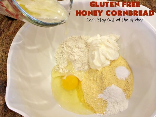 Gluten Free Honey Cornbread | Can't Stay Out of the Kitchen | This is my favorite #cornbread #recipe. I can eat the whole batch by myself! Terrific with soups, chili or any Tex-Mex entree. #GlutenFree #GlutenFreeHoneyCornbread