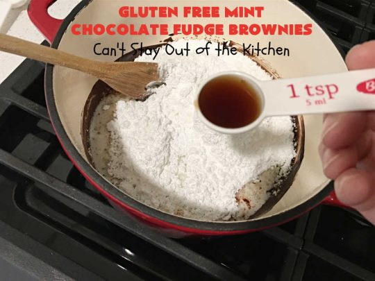 Gluten Free Mint Chocolate Fudge Brownies | Can't Stay Out of the Kitchen | these minty, #fudgy, #chocolaty #brownies are the ultimate in rich, decadent and heavenly! They're made with #Walmart's #MintFudgeFlavoredBakingChips. They are equally good using either regular or #GlutenFree flour. Perfect for #tailgating parties, potlucks, backyard BBQs or even #holiday #baking. #Mint #Chocolate #Fudge #dessert #FudgeDessert #ChocolateDessert #ChristmasCookieExchange #GlutenFreeMintChocolateFudgeBrownies