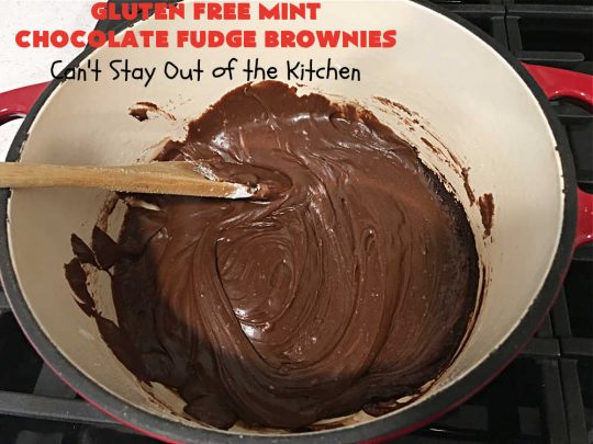 Gluten Free Mint Chocolate Fudge Brownies | Can't Stay Out of the Kitchen | these minty, #fudgy, #chocolaty #brownies are the ultimate in rich, decadent and heavenly! They're made with #Walmart's #MintFudgeFlavoredBakingChips. They are equally good using either regular or #GlutenFree flour. Perfect for #tailgating parties, potlucks, backyard BBQs or even #holiday #baking. #Mint #Chocolate #Fudge #dessert #FudgeDessert #ChocolateDessert #ChristmasCookieExchange #GlutenFreeMintChocolateFudgeBrownies
