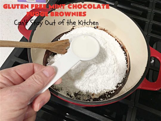 Gluten Free Mint Chocolate Fudge Brownies | Can't Stay Out of the Kitchen | these minty, #fudgy, #chocolaty #brownies are the ultimate in rich, decadent and heavenly! They're made with #Walmart's #MintFudgeFlavoredBakingChips. They are equally good using either regular or #GlutenFree flour. Perfect for #tailgating parties, potlucks, backyard BBQs or even #holiday #baking. #Mint #Chocolate #Fudge #dessert #FudgeDessert #ChocolateDessert #ChristmasCookieExchange #GlutenFreeMintChocolateFudgeBrownies