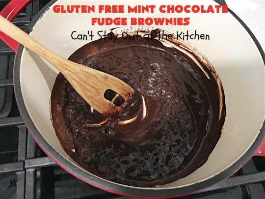 Gluten Free Mint Chocolate Fudge Brownies | Can't Stay Out of the Kitchen | these minty, #fudgy, #chocolaty #brownies are the ultimate in rich, decadent and heavenly! They're made with #Walmart's #MintFudgeFlavoredBakingChips. They are equally good using either regular or #GlutenFree flour. Perfect for #tailgating parties, potlucks, backyard BBQs or even #holiday #baking. #Mint #Chocolate #Fudge #dessert #FudgeDessert #ChocolateDessert #ChristmasCookieExchange #GlutenFreeMintChocolateFudgeBrownies