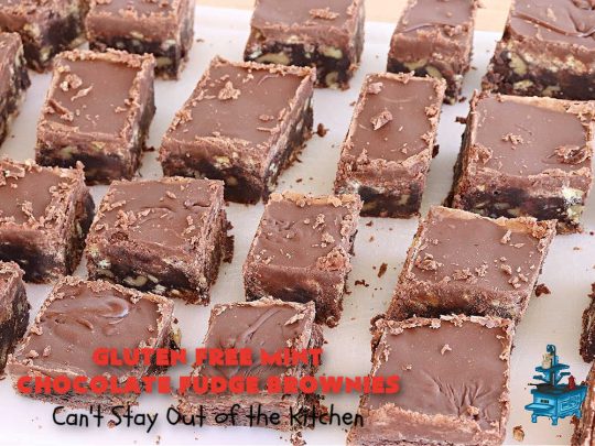 Gluten Free Mint Chocolate Fudge Brownies | Can't Stay Out of the Kitchen | these minty, #fudgy, #chocolaty #brownies are the ultimate in rich, decadent and heavenly! They're made with #Walmart's #MintFudgeFlavoredBakingChips. They are equally good using either regular or #GlutenFree flour. Perfect for #tailgating parties, potlucks, backyard BBQs or even #holiday #baking. #Mint #Chocolate #Fudge #dessert #FudgeDessert #ChocolateDessert #ChristmasCookieExchange #GlutenFreeMintChocolateFudgeBrownies
