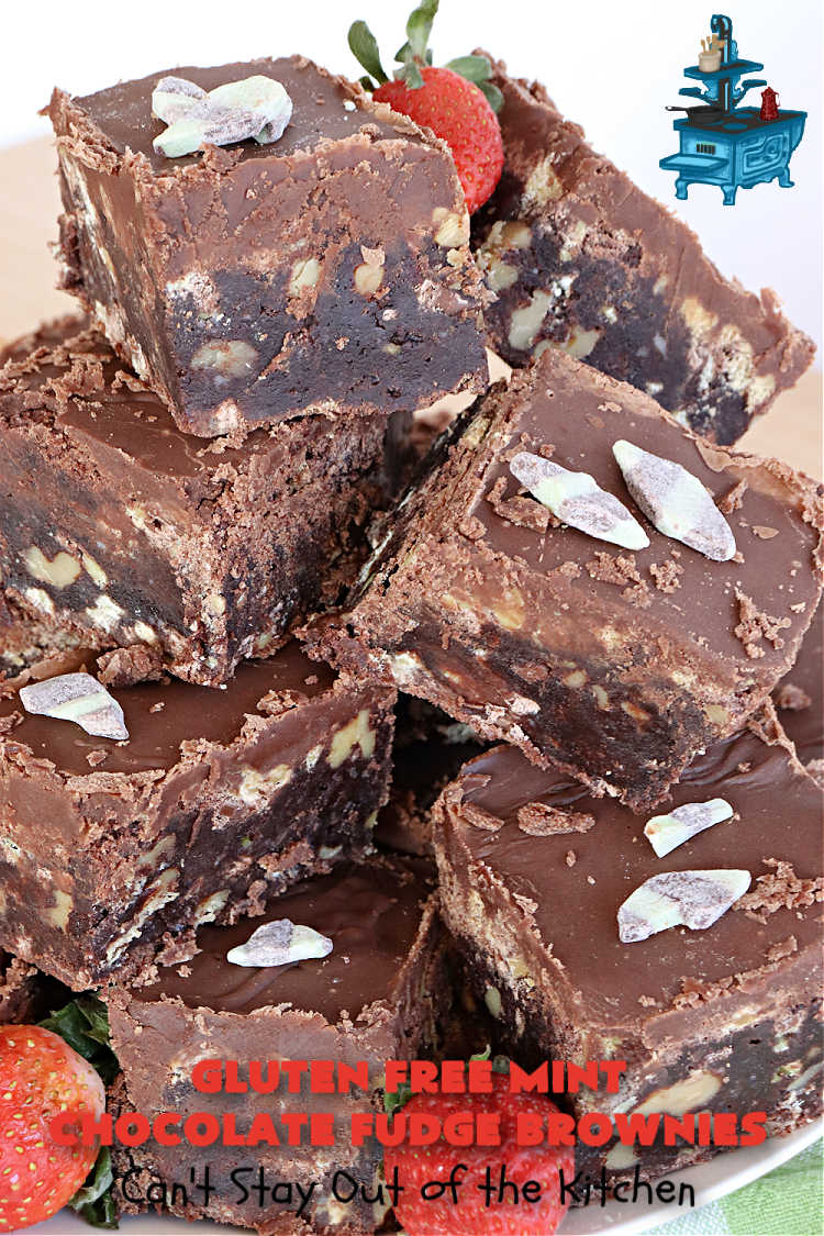Gluten Free Mint Chocolate Fudge Brownies | Can't Stay Out of the Kitchen | these minty, #fudgy, #chocolaty #brownies are the ultimate in rich, decadent and heavenly! They're made with #Walmart's #MintFudgeFlavoredBakingChips. They are equally good using either regular or #GlutenFree flour. Perfect for #tailgating parties, potlucks, backyard BBQs or even #holiday #baking. #Mint #Chocolate #Fudge #dessert #FudgeDessert #ChocolateDessert #ChristmasCookieExchange #GlutenFreeMintChocolateFudgeBrownies