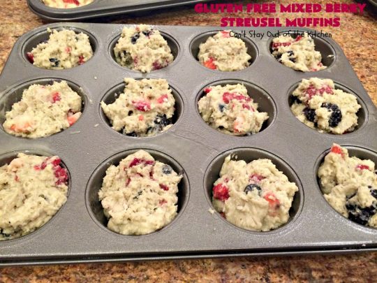 Gluten Free Mixed Berry Streusel Muffins | Can't Stay Out of the Kitchen | these fantastic #muffins are filled with #blueberries, #raspberries, #blackberries & #strawberries. They're topped with a delicious #walnut streusel & iced with a vanilla glaze. They make up one mouthwatering #muffin for a weekend, company or #holiday #breakfast. #GlutenFree #GlutenFreeMuffins #GlutenFreeMixedBerryStreuselMuffins