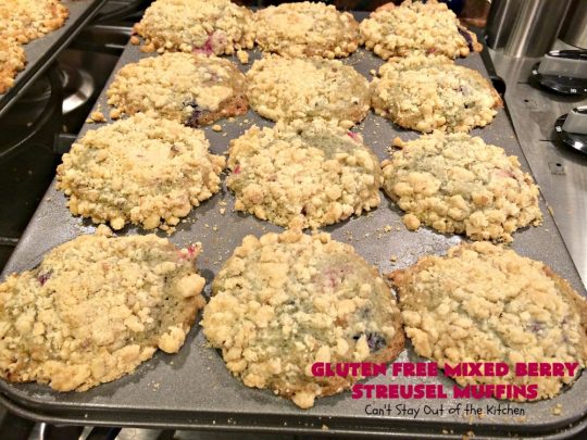 Gluten Free Mixed Berry Streusel Muffins | Can't Stay Out of the Kitchen | these fantastic #muffins are filled with #blueberries, #raspberries, #blackberries & #strawberries. They're topped with a delicious #walnut streusel & iced with a vanilla glaze. They make up one mouthwatering #muffin for a weekend, company or #holiday #breakfast. #GlutenFree #GlutenFreeMuffins #GlutenFreeMixedBerryStreuselMuffins