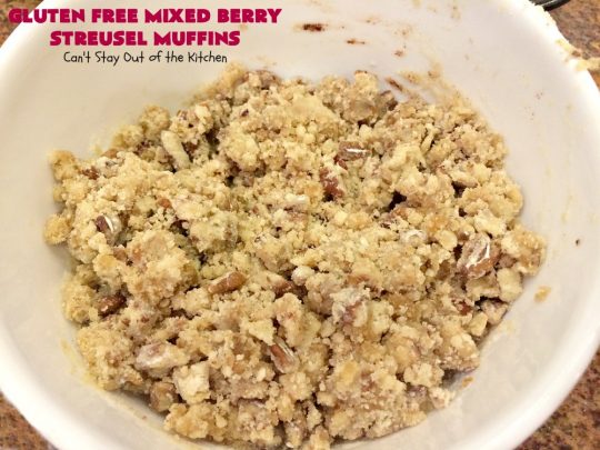 Gluten Free Mixed Berry Streusel Muffins | Can't Stay Out of the Kitchen | these fantastic #muffins are filled with #blueberries, #raspberries, #blackberries & #strawberries. They're topped with a delicious #walnut streusel & iced with a vanilla glaze. They make up one mouthwatering #muffin for a weekend, company or #holiday #breakfast. #GlutenFree #GlutenFreeMuffins #GlutenFreeMixedBerryStreuselMuffins