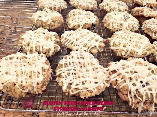Gluten Free Mixed Berry Streusel Muffins | Can't Stay Out of the Kitchen | these fantastic #muffins are filled with #blueberries, #raspberries, #blackberries & #strawberries. They're topped with a delicious #walnut streusel & iced with a vanilla glaze. They make up one mouthwatering #muffin for a weekend, company or #holiday #breakfast. #GlutenFree #GlutenFreeMuffins #GlutenFreeMixedBerryStreuselMuffins