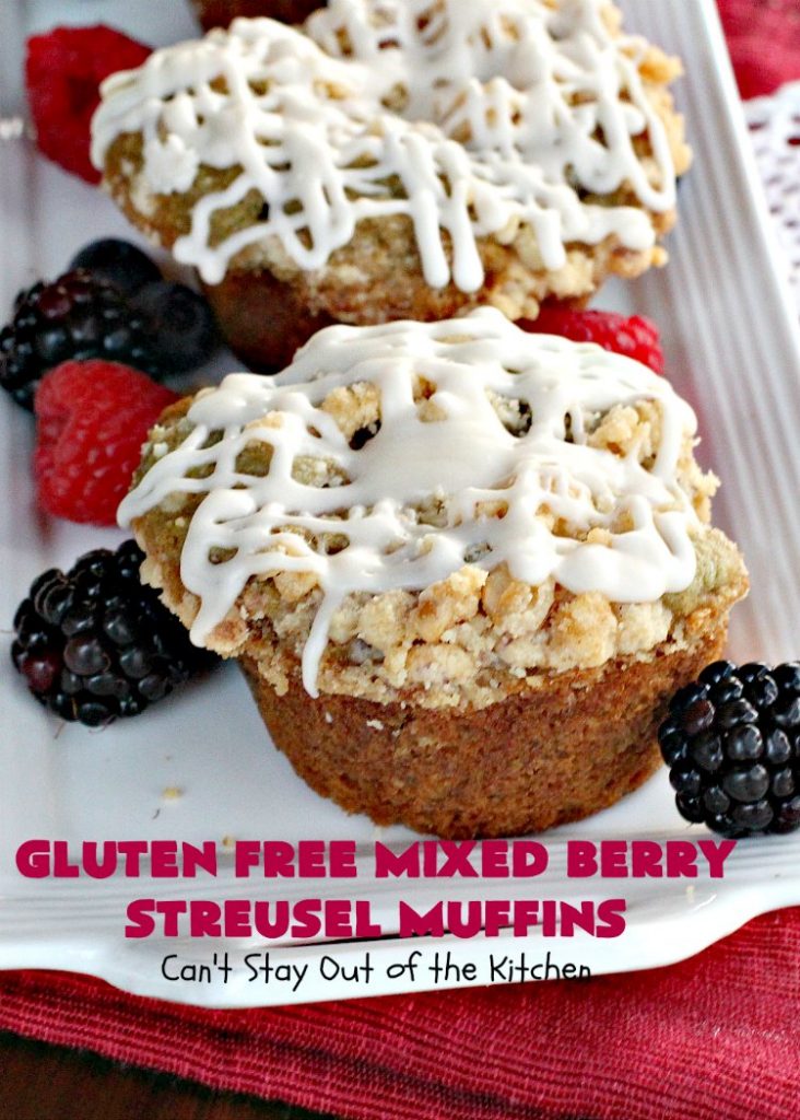 Gluten Free Mixed Berry Streusel Muffins | Can't Stay Out of the Kitchen | these fantastic #muffins are filled with #blueberries, #raspberries, #blackberries & #strawberries. They're topped with a delicious #walnut streusel & iced with a vanilla glaze. They make up one mouthwatering #muffin for a weekend, company or #holiday #breakfast. #GlutenFree #GlutenFreeMuffins #GlutenFreeMixedBerryStreuselMuffins