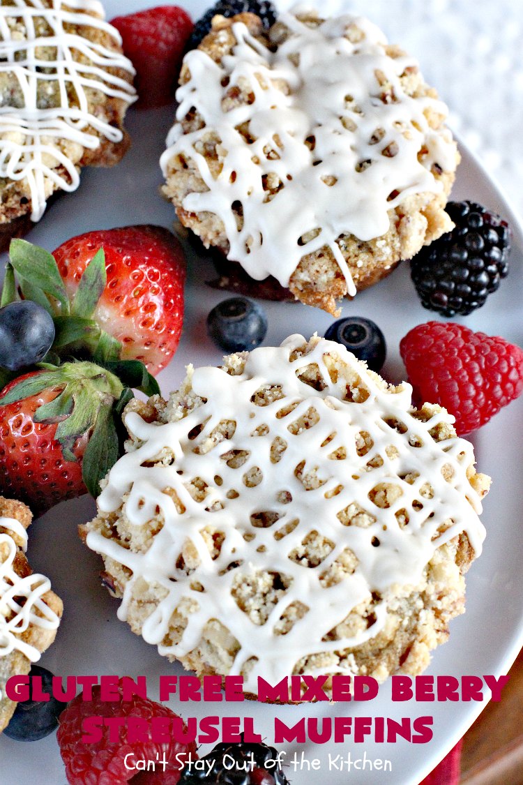 Gluten Free Mixed Berry Streusel Muffins | Can't Stay Out of the Kitchen | these fantastic #muffins are filled with #blueberries, #raspberries, #blackberries & #strawberries. They're topped with a delicious #walnut streusel & iced with a vanilla glaze. They make up one mouthwatering #muffin for a weekend, company or #holiday #breakfast. #GlutenFree #GlutenFreeMuffins #GlutenFreeMixedBerryStreuselMuffins
