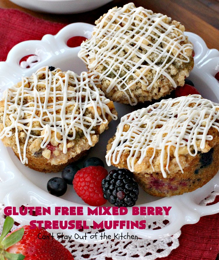 Gluten Free Mixed Berry Streusel Muffins | Can't Stay Out of the Kitchen | these fantastic #muffins are filled with #blueberries, #raspberries, #blackberries & #strawberries. They're topped with a delicious #walnut streusel & iced with a vanilla glaze. They make up one mouthwatering #muffin for a weekend, company or #holiday #breakfast. #GlutenFree #GlutenFreeMuffins #GlutenFreeMixedBerryStreuselMuffins