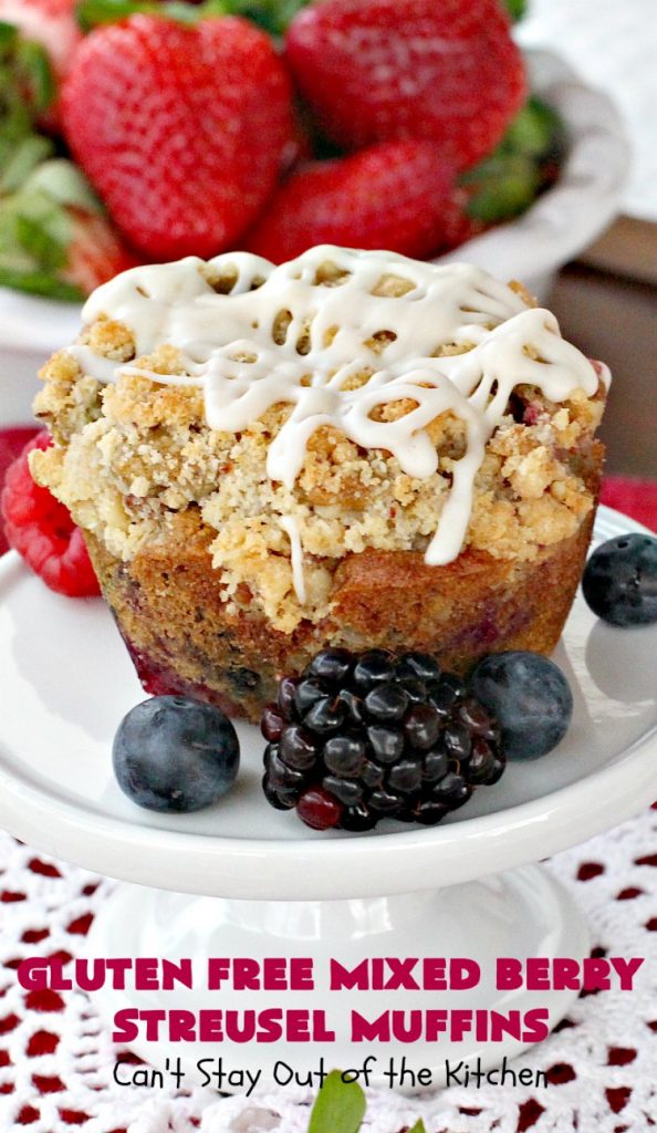 Gluten Free Mixed Berry Streusel Muffins | Can't Stay Out of the Kitchen | these fantastic #muffins are filled with #blueberries, #raspberries, #blackberries & #strawberries. They're topped with a delicious #walnut streusel & iced with a vanilla glaze. They make up one mouthwatering #muffin for a weekend, company or #holiday #breakfast. #GlutenFree #GlutenFreeMuffins #GlutenFreeMixedBerryStreuselMuffins