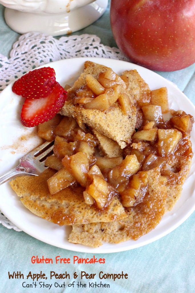 Gluten Free Pancakes with Apple, Peach & Pear Compote | Can't Stay Out of the Kitchen | absolutely delectable #pancakes with a naturally sweet compote. Great idea for a #holiday #breakfast. Healthy, #cleaneating #glutenfree