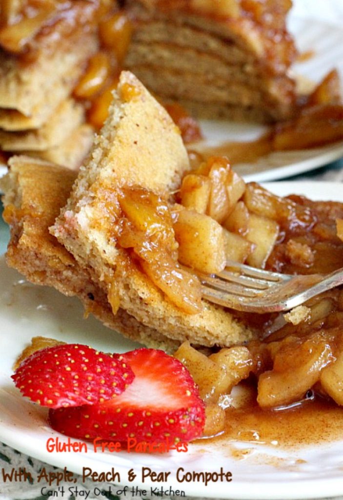 Gluten Free Pancakes with Apple, Peach & Pear Compote | Can't Stay Out of the Kitchen | absolutely delectable #pancakes with a naturally sweet compote. Great idea for a #holiday #breakfast. Healthy, #cleaneating #glutenfree