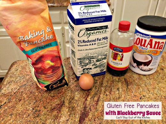 Gluten Free Pancakes with Blackberry Sauce | Can't Stay Out of the Kitchen | You will soon be drooling after one bite of these delicious #pancakes. The #blackberry sauce is awesome. #breakfast