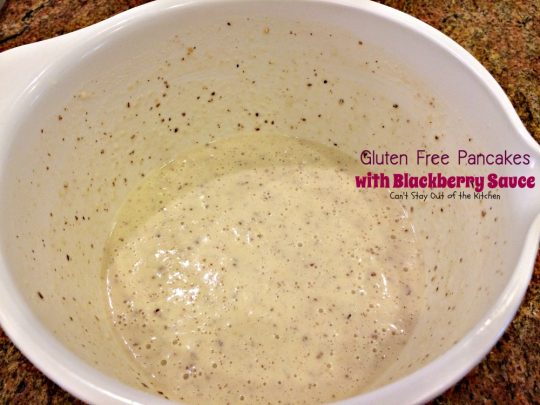 Gluten Free Pancakes with Blackberry Sauce | Can't Stay Out of the Kitchen | You will soon be drooling after one bite of these delicious #pancakes. The #blackberry sauce is awesome. #breakfast