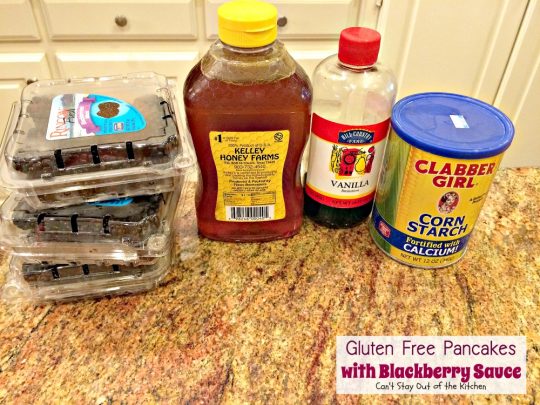 Gluten Free Pancakes with Blackberry Sauce | Can't Stay Out of the Kitchen | You will soon be drooling after one bite of these delicious #pancakes. The #blackberry sauce is awesome. #breakfast