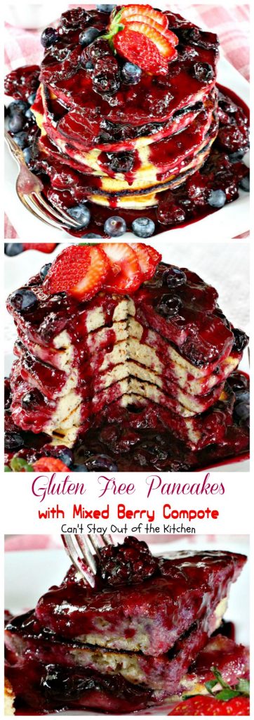 Gluten Free Pancakes with Mixed Berry Compote | Can't Stay Out of the Kitchen | these sensational #pancakes are great for #holidays and special occasions. Healthy version with honey, #blackberries, #strawberries and #blueberries. #glutenfree #breakfast