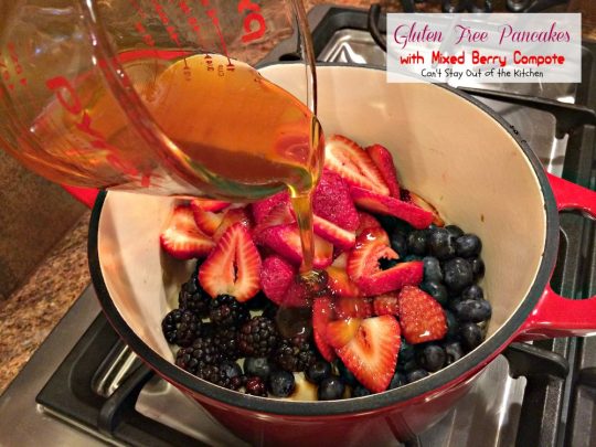 Gluten Free Pancakes with Mixed Berry Compote | Can't Stay Out of the Kitchen | these sensational #pancakes are great for #holidays and special occasions. Healthy version with honey, #blackberries, #strawberries and #blueberries. #glutenfree #breakfast