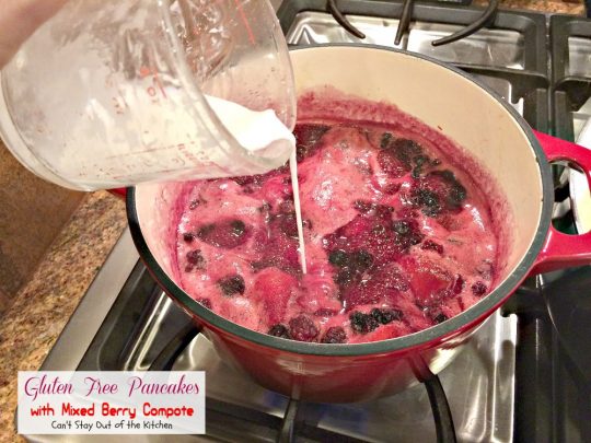 Gluten Free Pancakes with Mixed Berry Compote | Can't Stay Out of the Kitchen | these sensational #pancakes are great for #holidays and special occasions. Healthy version with honey, #blackberries, #strawberries and #blueberries. #glutenfree #breakfast