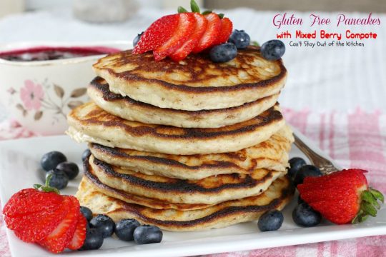 Gluten Free Pancakes with Mixed Berry Compote | Can't Stay Out of the Kitchen | these sensational #pancakes are great for #holidays and special occasions. Healthy version with honey, #blackberries, #strawberries and #blueberries. #glutenfree #breakfast