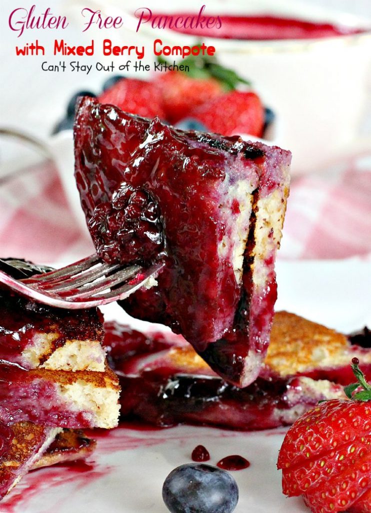 Gluten Free Pancakes with Mixed Berry Compote | Can't Stay Out of the Kitchen | these sensational #pancakes are great for #holidays and special occasions. Healthy version with honey, #blackberries, #strawberries and #blueberries. #glutenfree #breakfast