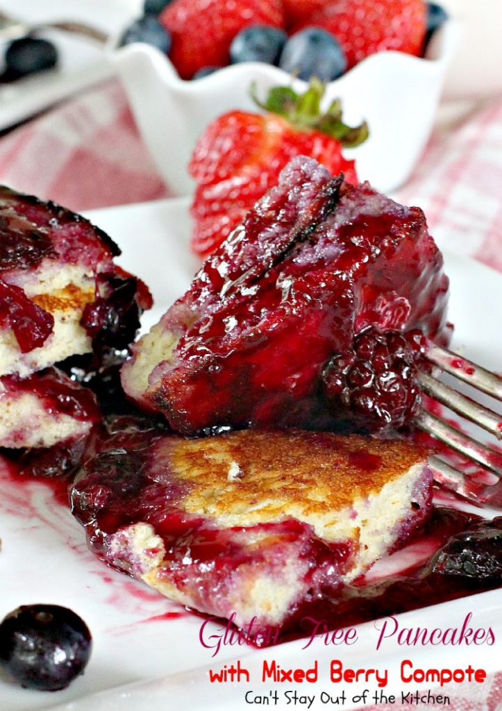 Gluten Free Pancakes with Mixed Berry Compote | Can't Stay Out of the Kitchen | these sensational #pancakes are great for #holidays and special occasions. Healthy version with honey, #blackberries, #strawberries and #blueberries. #glutenfree #breakfast