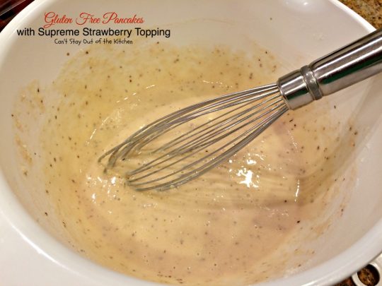 Gluten Free Pancakes with Supreme Strawberry Topping | Can't Stay Out of the Kitchen | spectacular #pancake recipe with double the #strawberries - in the batter and the topping. Makes a great #holiday #breakfast. #glutenfree 