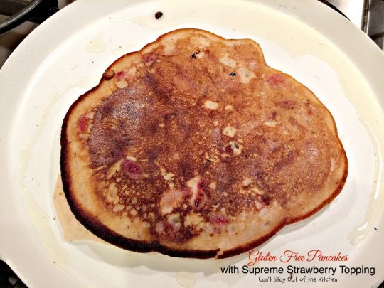 Gluten Free Pancakes with Supreme Strawberry Topping | Can't Stay Out of the Kitchen | spectacular #pancake recipe with double the #strawberries - in the batter and the topping. Makes a great #holiday #breakfast. #glutenfree 