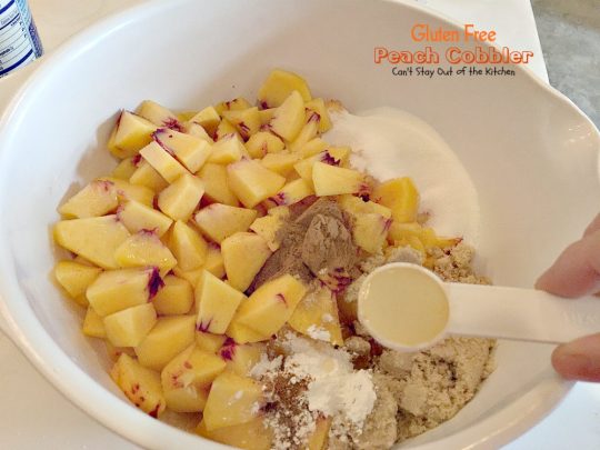 Gluten Free Peach Cobbler | Can't Stay Out of the Kitchen | this delight #peachcobbler recipe is made with #glutenfree flour for a new take on an old favorite. #peaches #dessert