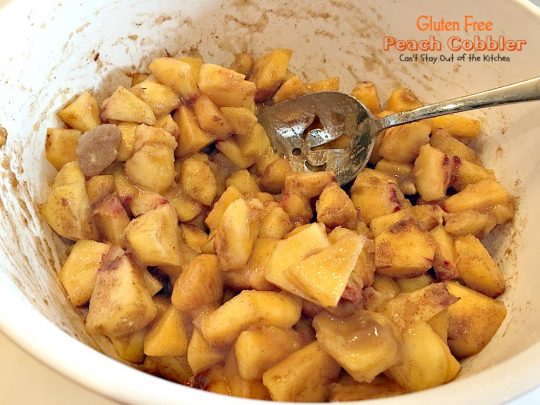 Gluten Free Peach Cobbler | Can't Stay Out of the Kitchen | this delight #peachcobbler recipe is made with #glutenfree flour for a new take on an old favorite. #peaches #dessert