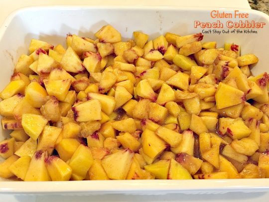 Gluten Free Peach Cobbler | Can't Stay Out of the Kitchen | this delight #peachcobbler recipe is made with #glutenfree flour for a new take on an old favorite. #peaches #dessert