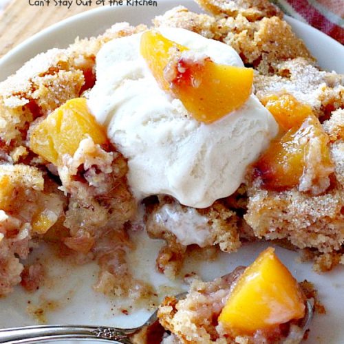 Gluten Free Peach Cobbler | Can't Stay Out of the Kitchen | this delight #peachcobbler recipe is made with #glutenfree flour for a new take on an old favorite. #peaches #dessert