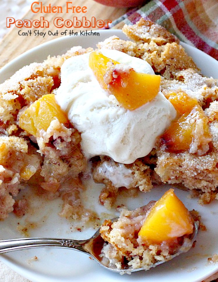Gluten Free Peach Cobbler | Can't Stay Out of the Kitchen | this delight #peachcobbler recipe is made with #glutenfree flour for a new take on an old favorite. #peaches #dessert