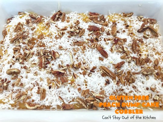 Gluten Free Peach Dump Cake Cobbler | Can't Stay Out of the Kitchen | We love this easy 5-ingredient #recipe. This #GlutenFree version of #DumpCake is so mouthwatering. Terrific #dessert for company or #FathersDay. #Cobbler #PeachDumpCake #PeachPieFilling #GlutenFreeDumpCake #PeachCobbler #GlutenFreePeachDumpCakeCobbler