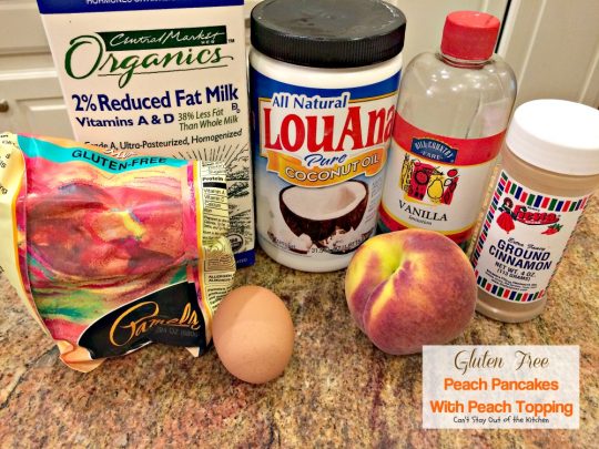 Gluten Free Peach Pancakes with Peach Topping | Can't Stay Out of the Kitchen | healthy #pancake option loaded with fresh #peaches. You will savor every mouthful! #glutenfree