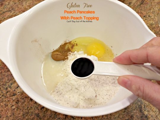 Gluten Free Peach Pancakes with Peach Topping | Can't Stay Out of the Kitchen | healthy #pancake option loaded with fresh #peaches. You will savor every mouthful! #glutenfree