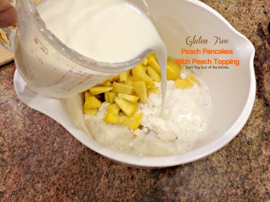 Gluten Free Peach Pancakes with Peach Topping | Can't Stay Out of the Kitchen | healthy #pancake option loaded with fresh #peaches. You will savor every mouthful! #glutenfree