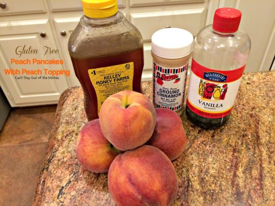 Gluten Free Peach Pancakes with Peach Topping | Can't Stay Out of the Kitchen | healthy #pancake option loaded with fresh #peaches. You will savor every mouthful! #glutenfree